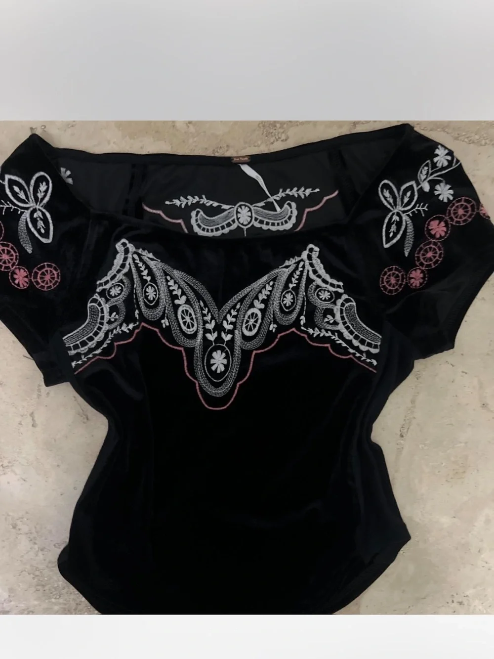 Free People Black Velvet Embroidered Short Sleeve Top